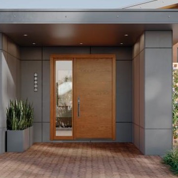 Modern white oak pivot entry door on a contemporary Austin home