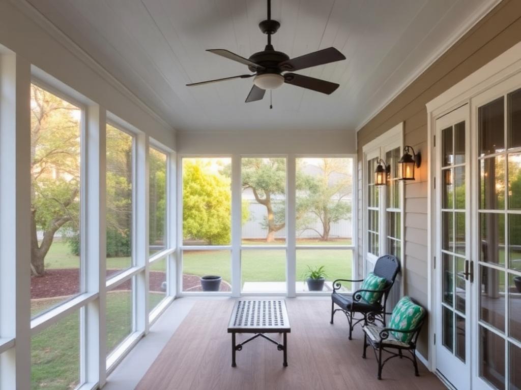 Screened porch with ceiling fan and outdoor seating