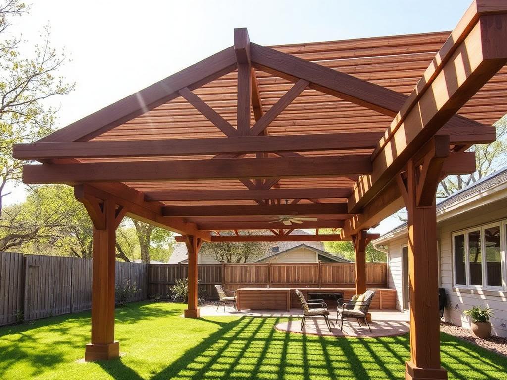 Wooden open pergola casting shade over a backyard patio