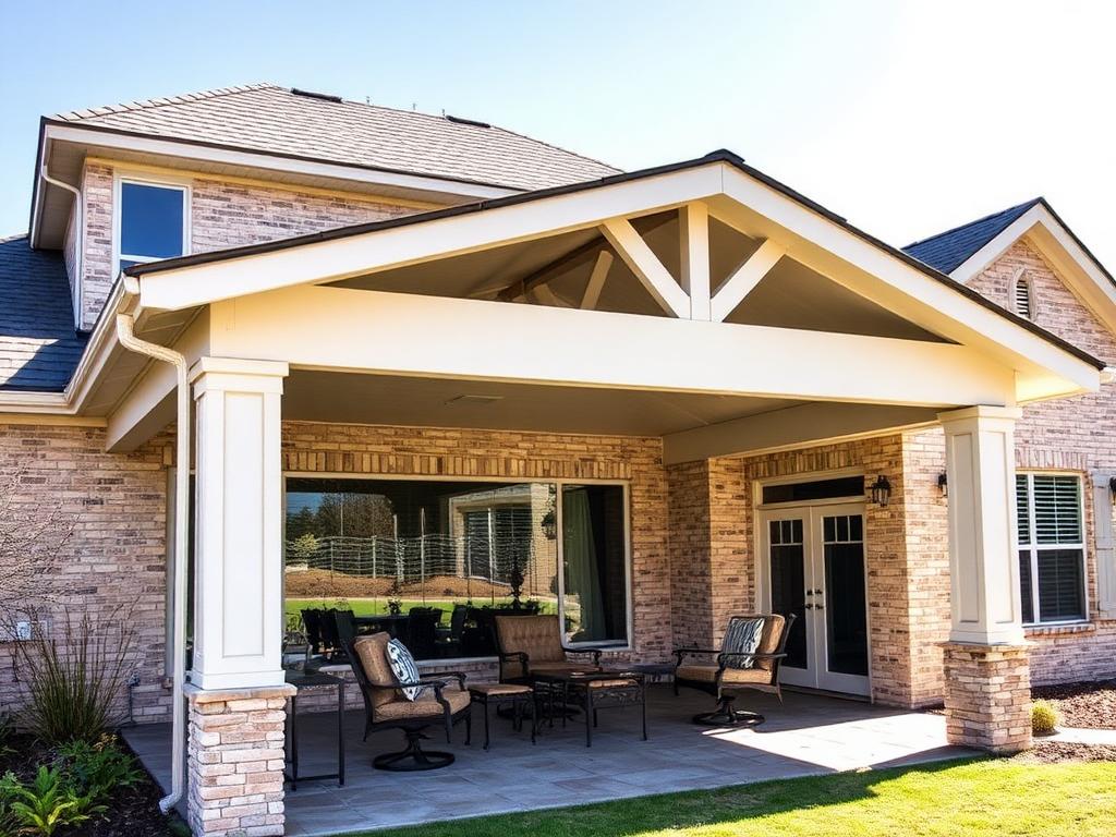 Solid roof patio cover attached to a brick home