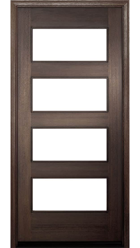 Fiberglass front door with four equal glass lights in a dark wood finish